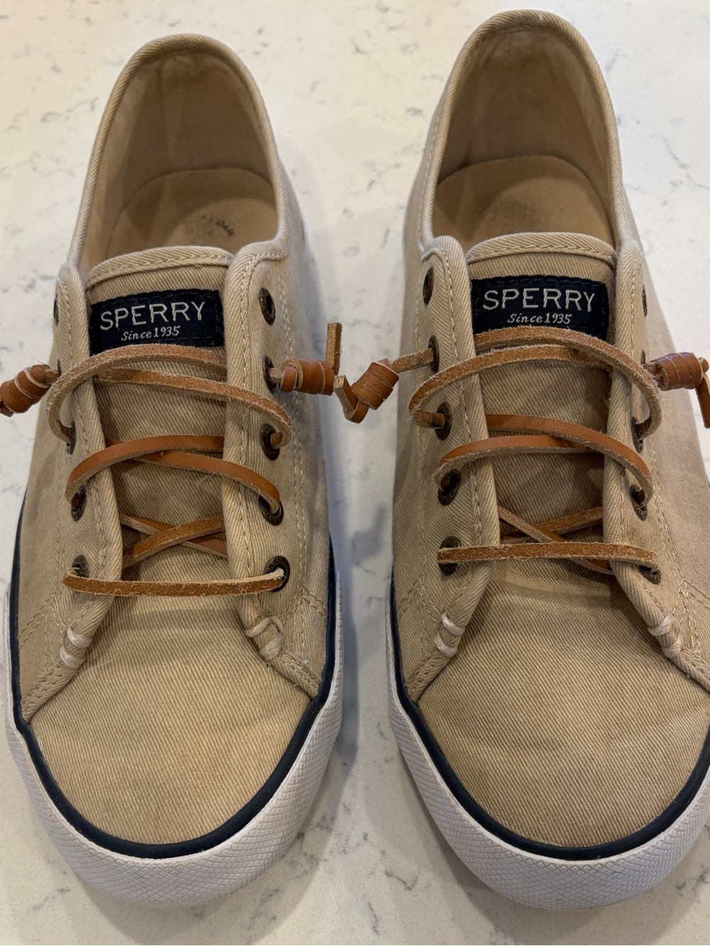Sperry Women’s Beige Canvas Boat Shoes with Brown Laces